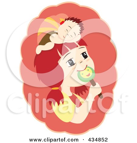 Royalty-Free (RF) Clipart Illustration of a Girl With A Sleeping Boy On Her Head, Eating A Lolipop by Cherie Reve