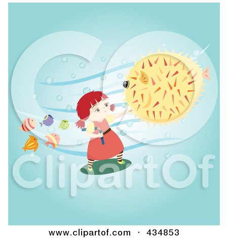 Royalty-Free (RF) Clipart Illustration of a Girl Doing Kung Fu On A Blowfish To Protect Small Fish by Cherie Reve