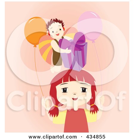 Royalty-Free (RF) Clipart Illustration of a Boy With A Birthday Gift Over A Girl With Party Balloons On Pink by Cherie Reve