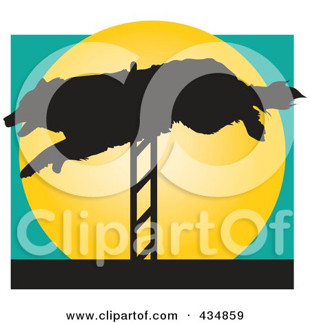 Royalty-Free (RF) Clipart Illustration of a Dog Leaping A Hurdle In An Agility Course Over A Yellow Circle by Maria Bell