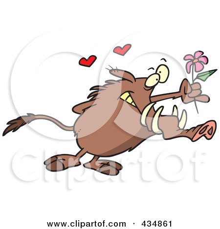 Royalty-Free (RF) Clipart Illustration of a Romantic Warthog Holding Out A Flower by toonaday