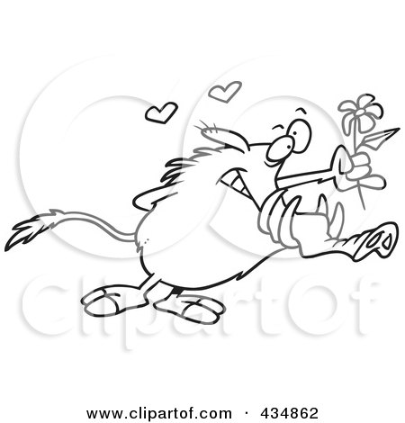 Royalty-Free (RF) Clipart Illustration of a Line Art Design Of A Sweet Warthog Holding Out A Flower by toonaday