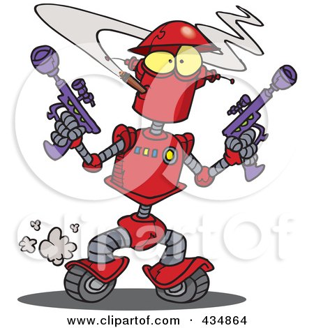 Royalty-Free (RF) Clipart Illustration of a Red Robot Smoking A Cigarette And Holding Guns by toonaday