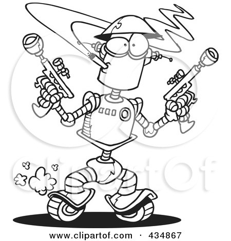 Royalty-Free (RF) Clipart Illustration of a Line Art Design Of A Robot Smoking A Cigarette And Holding Guns by toonaday