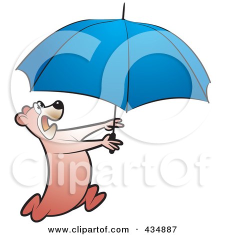 Royalty-Free (RF) Clipart Illustration of a Bear Running With a Blue Umbrella by Lal Perera
