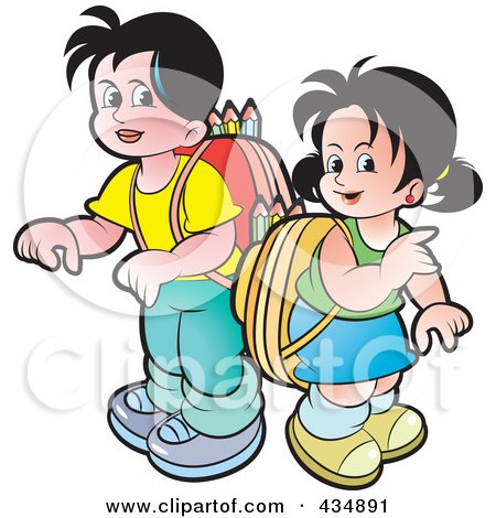 Royalty-Free (RF) Clipart Illustration of a School Boy And Girl With Backpacks by Lal Perera