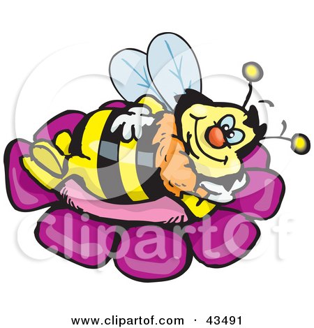 Clipart Illustration of a Honey Bee Character Relaxing On A Purple Flower by Dennis Holmes Designs