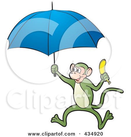 Royalty-Free (RF) Clipart Illustration of a Green Monkey Holding A Banana And Umbrella by Lal Perera