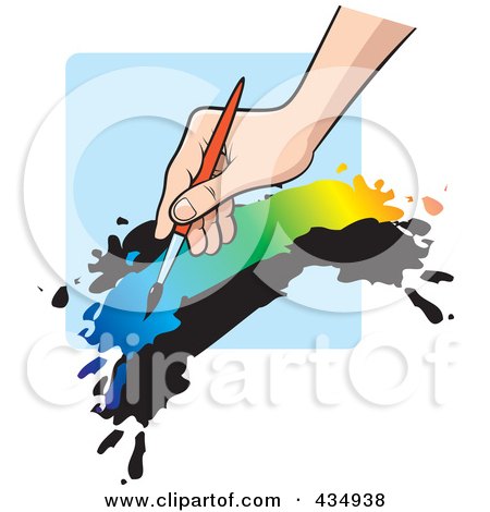 Royalty-Free (RF) Clipart Illustration of an Artist's Hand Painting With Colorful Paint Over Blue by Lal Perera
