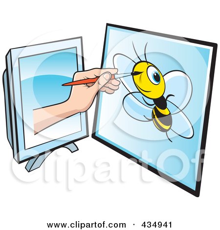 Royalty-Free (RF) Clipart Illustration of an Illustrator's Hand Drawing A Bee On A Tablet by Lal Perera