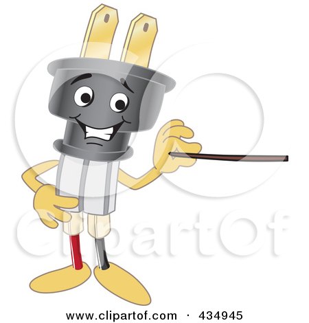 Royalty-Free (RF) Clipart Illustration of an Electric Plug Mascot Holding A Pointer Stick by Mascot Junction