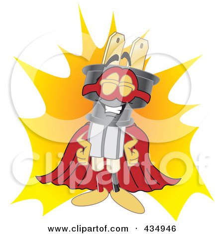 Royalty-Free (RF) Clipart Illustration of an Electric Plug Mascot Super Hero by Mascot Junction