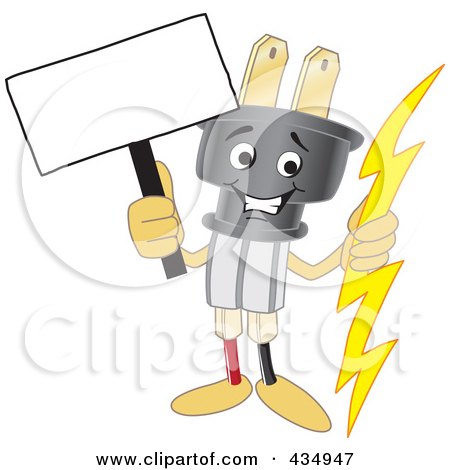 Royalty-Free (RF) Clipart Illustration of an Electric Plug Mascot Holding A Blank Sign by Mascot Junction
