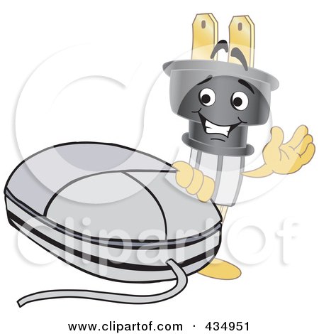Royalty-Free (RF) Clipart Illustration of an Electric Plug Mascot With A Computer Mouse by Mascot Junction