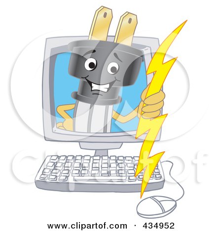 Royalty-Free (RF) Clipart Illustration of an Electric Plug Mascot On A Computer Screen by Mascot Junction