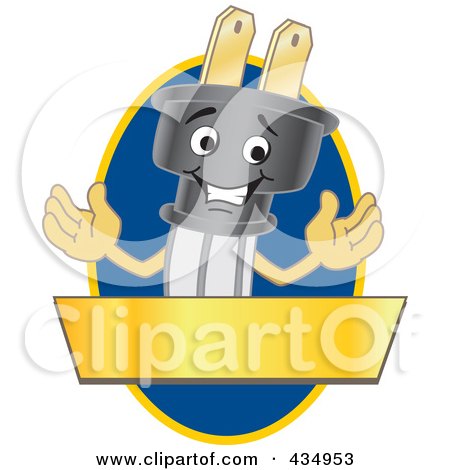 Royalty-Free (RF) Clipart Illustration of an Electric Plug Mascot Logo With A Blue Oval And Gold Banner by Mascot Junction
