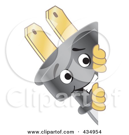 Royalty-Free (RF) Clipart Illustration of an Electric Plug Mascot Looking Around A Blank Sign by Mascot Junction