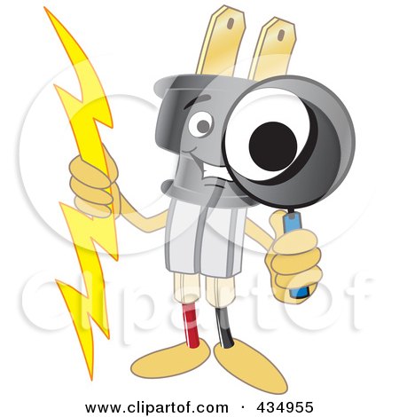 Royalty-Free (RF) Clipart Illustration of an Electric Plug Mascot Using A Magnifying Glass by Mascot Junction