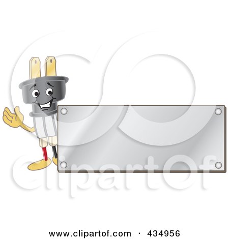 Royalty-Free (RF) Clipart Illustration of an Electric Plug Mascot Logo With A Silver Plaque by Mascot Junction