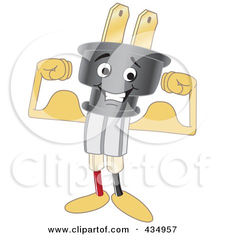 Royalty-Free (RF) Clipart Illustration of an Electric Plug Mascot Flexing by Mascot Junction