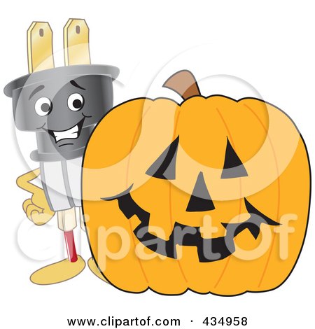 Royalty-Free (RF) Clipart Illustration of an Electric Plug Mascot With A Halloween Pumpkin by Mascot Junction