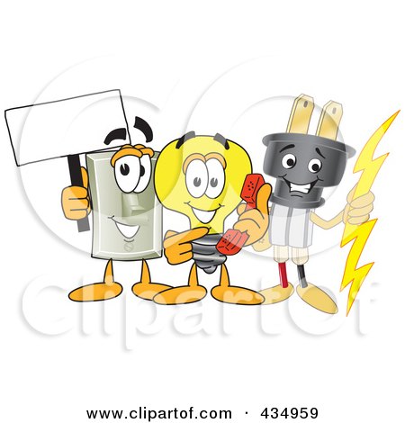 Royalty-Free (RF) Clipart Illustration of an Electric Plug Mascot With A Light Bulb And Switch by Mascot Junction