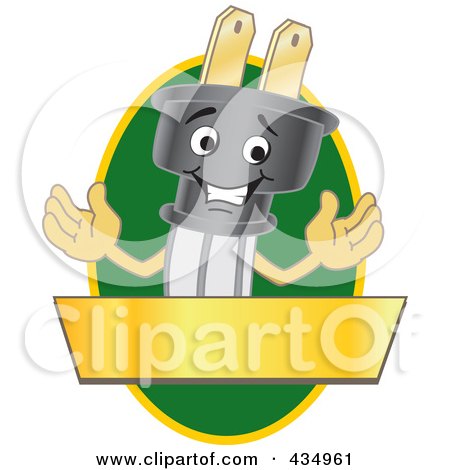 Royalty-Free (RF) Clipart Illustration of an Electric Plug Mascot Logo With A Green Oval And Gold Banner by Mascot Junction