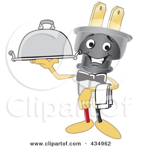 Royalty-Free (RF) Clipart Illustration of an Electric Plug Mascot Waiter by Mascot Junction