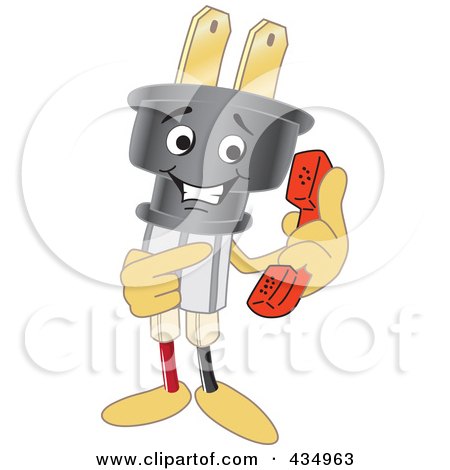 Royalty-Free (RF) Clipart Illustration of an Electric Plug Mascot Holding A Phone by Mascot Junction