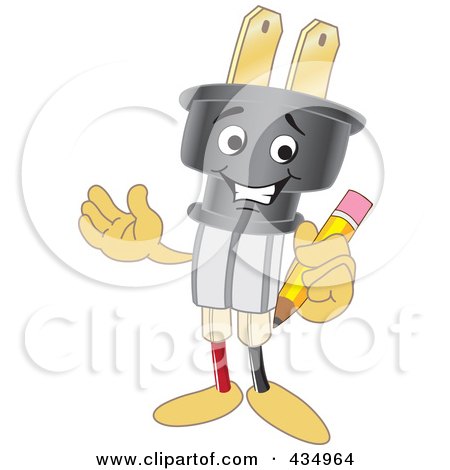 Royalty-Free (RF) Clipart Illustration of an Electric Plug Mascot Holding A Pencil by Mascot Junction