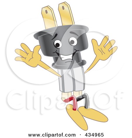 Royalty-Free (RF) Clipart Illustration of an Electric Plug Mascot Jumping by Mascot Junction