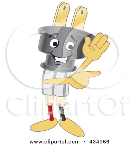Royalty-Free (RF) Clipart Illustration of an Electric Plug Mascot Waving And Pointing by Mascot Junction