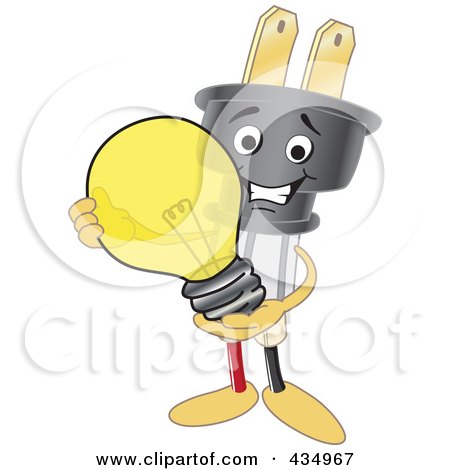 Royalty-Free (RF) Clipart Illustration of an Electric Plug Mascot Holding A Light Bulb by Mascot Junction