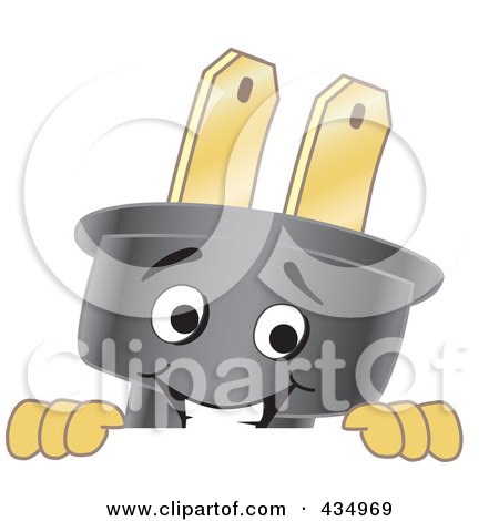 Royalty-Free (RF) Clipart Illustration of an Electric Plug Mascot Looking Over A Blank Sign by Mascot Junction
