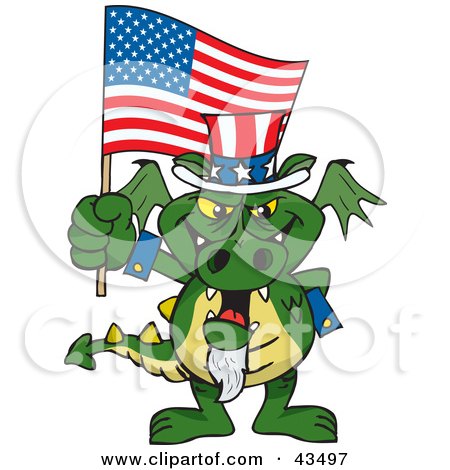Clipart Illustration of a Patriotic Uncle Sam Dragon Waving An American Flag On Independence Day by Dennis Holmes Designs