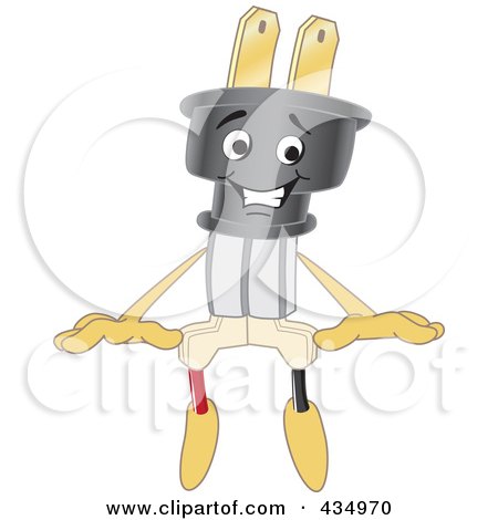 Royalty-Free (RF) Clipart Illustration of an Electric Plug Mascot Sitting On A Blank Sign by Mascot Junction
