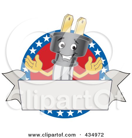 Royalty-Free (RF) Clipart Illustration of an American Electric Plug Mascot Logo With A Blank Banner by Mascot Junction