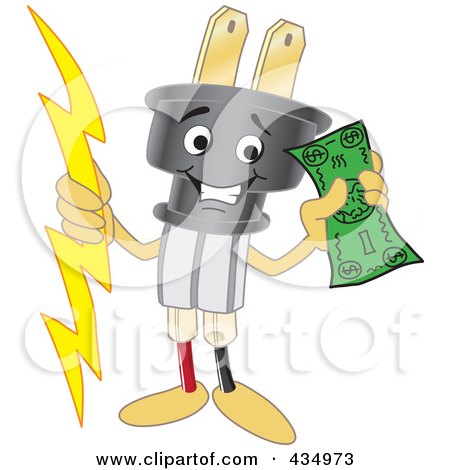 Royalty-Free (RF) Clipart Illustration of an Electric Plug Mascot Holding Cash by Mascot Junction