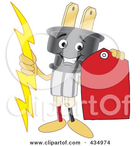 Royalty-Free (RF) Clipart Illustration of an Electric Plug Mascot Holding A Red Price Tag by Mascot Junction