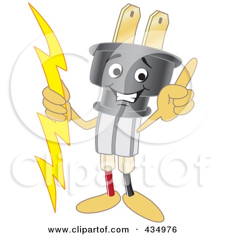 Royalty-Free (RF) Clipart Illustration of an Electric Plug Mascot Pointing Upwards by Mascot Junction
