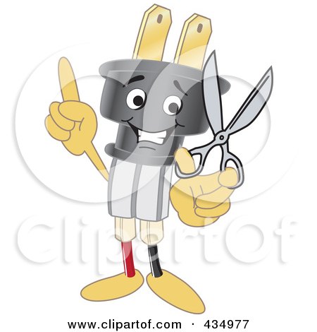 Royalty-Free (RF) Clipart Illustration of an Electric Plug Mascot Holding Scissors by Mascot Junction