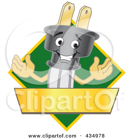 Royalty-Free (RF) Clipart Illustration of an Electric Plug Mascot Logo With A Green Diamond And Gold Banner by Mascot Junction