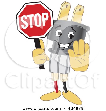 Royalty-Free (RF) Clipart Illustration of an Electric Plug Mascot Holding A Stop Sign by Mascot Junction