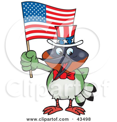Clipart Illustration of a Patriotic Uncle Sam Hummingbird Waving An American Flag On Independence Day by Dennis Holmes Designs