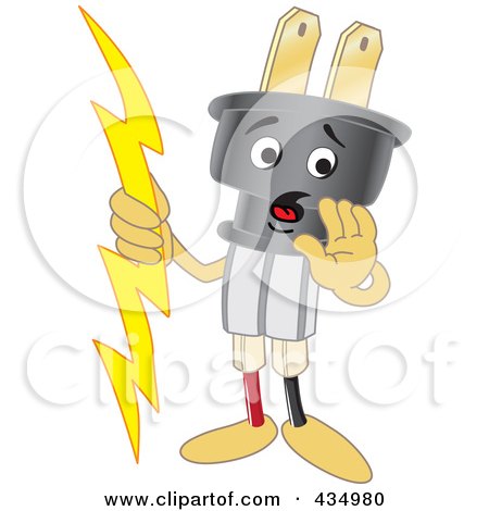 Royalty-Free (RF) Clipart Illustration of an Electric Plug Mascot Whispering by Mascot Junction