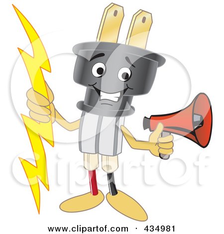 Royalty-Free (RF) Clipart Illustration of an Electric Plug Mascot Holding A Megaphone by Mascot Junction