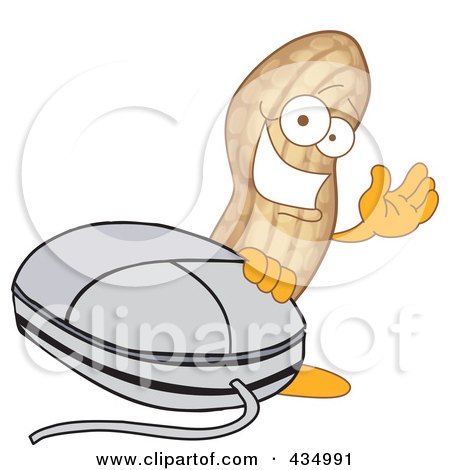 Royalty-Free (RF) Clipart Illustration of a Peanut Mascot With A Computer Mouse by Mascot Junction