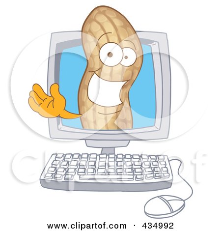 Royalty-Free (RF) Clipart Illustration of a Peanut Mascot On A Computer Screen by Mascot Junction