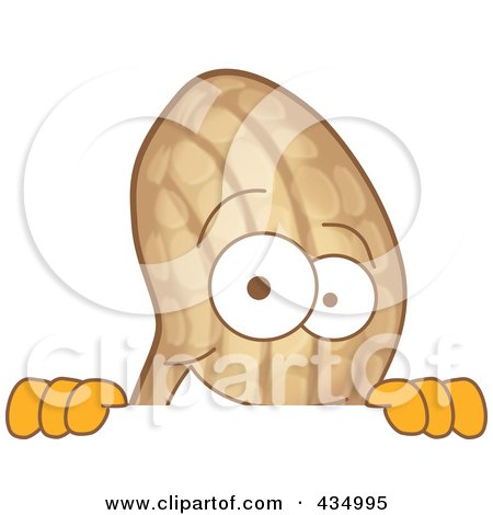 Royalty-Free (RF) Clipart Illustration of a Peanut Mascot Looking Over A Blank Sign by Mascot Junction