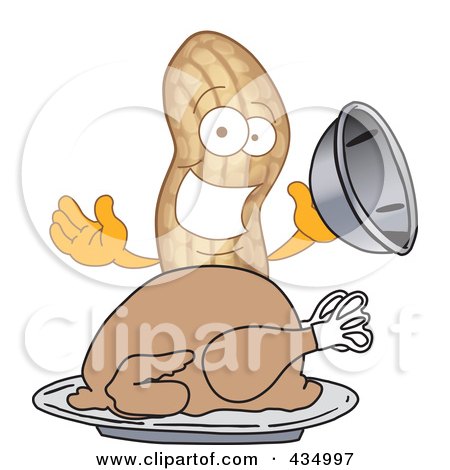 Royalty-Free (RF) Clipart Illustration of a Peanut Mascot Serving A Roasted Turkey by Mascot Junction